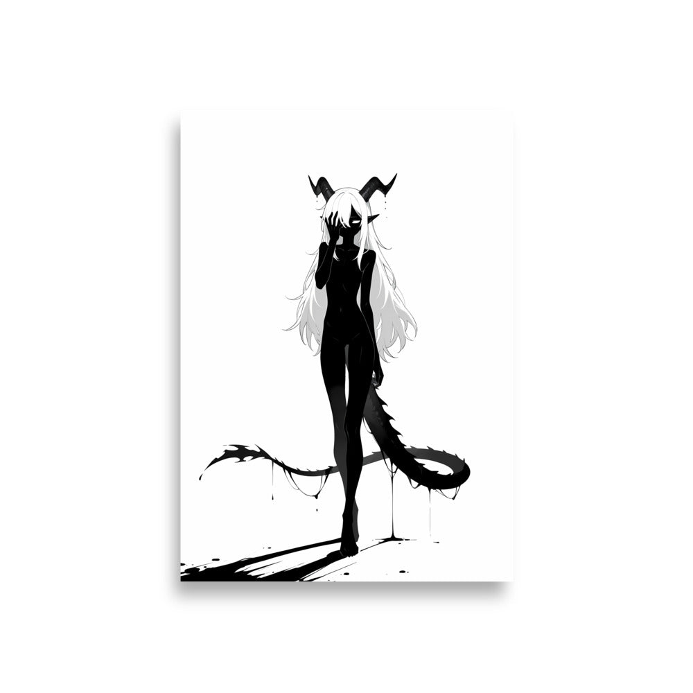 Affiche dark fantasy Vestigia, dragon anthropomorphe noir et blanc, main levée devant les yeux, cornes et queue épineuse, collection Les silences qu'on porte – format A1