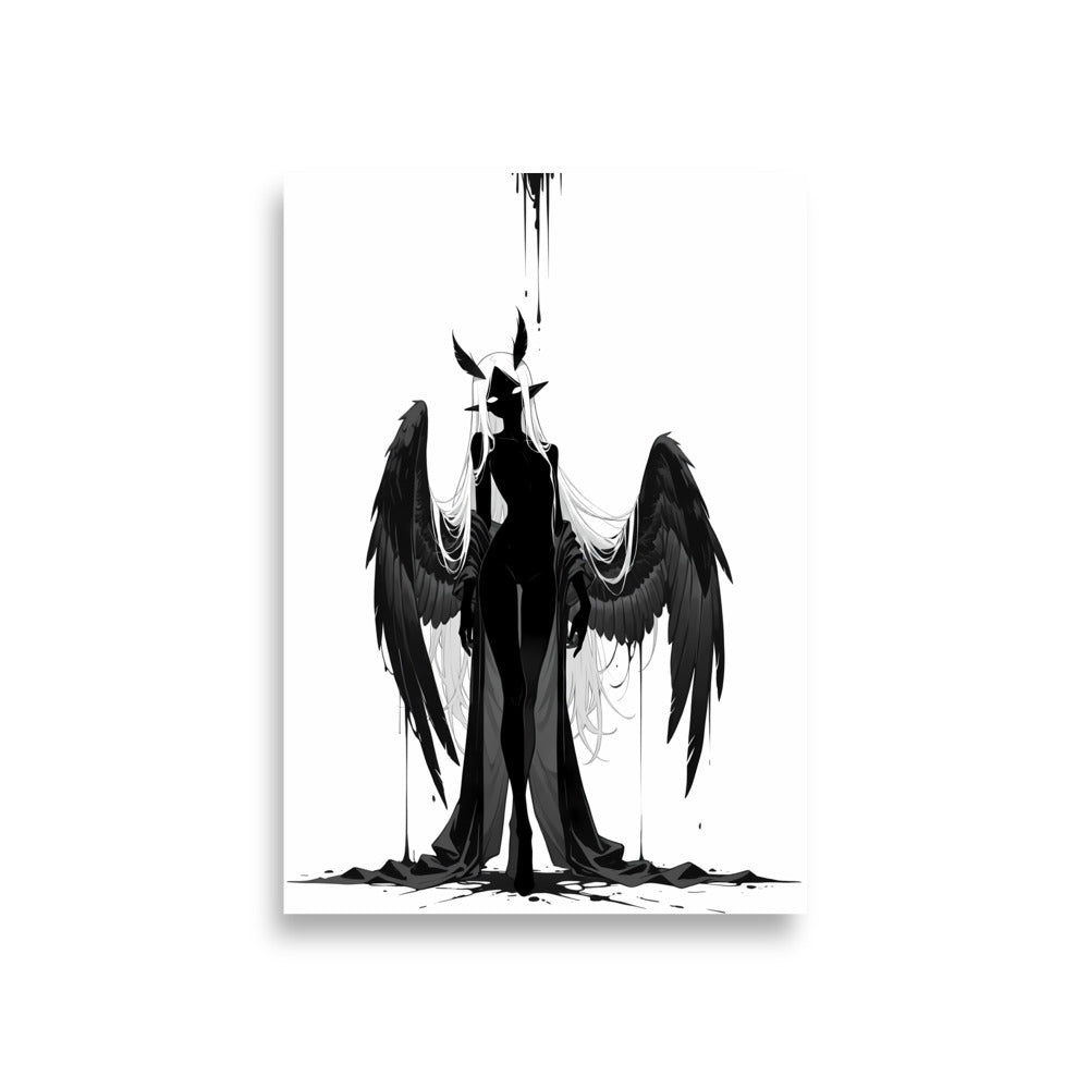Affiche dark fantasy Nyctée, chouette anthropomorphe noir et blanc, ailes grandes ouvertes, yeux blancs fixes, collection Les silences qu'on porte – format A1