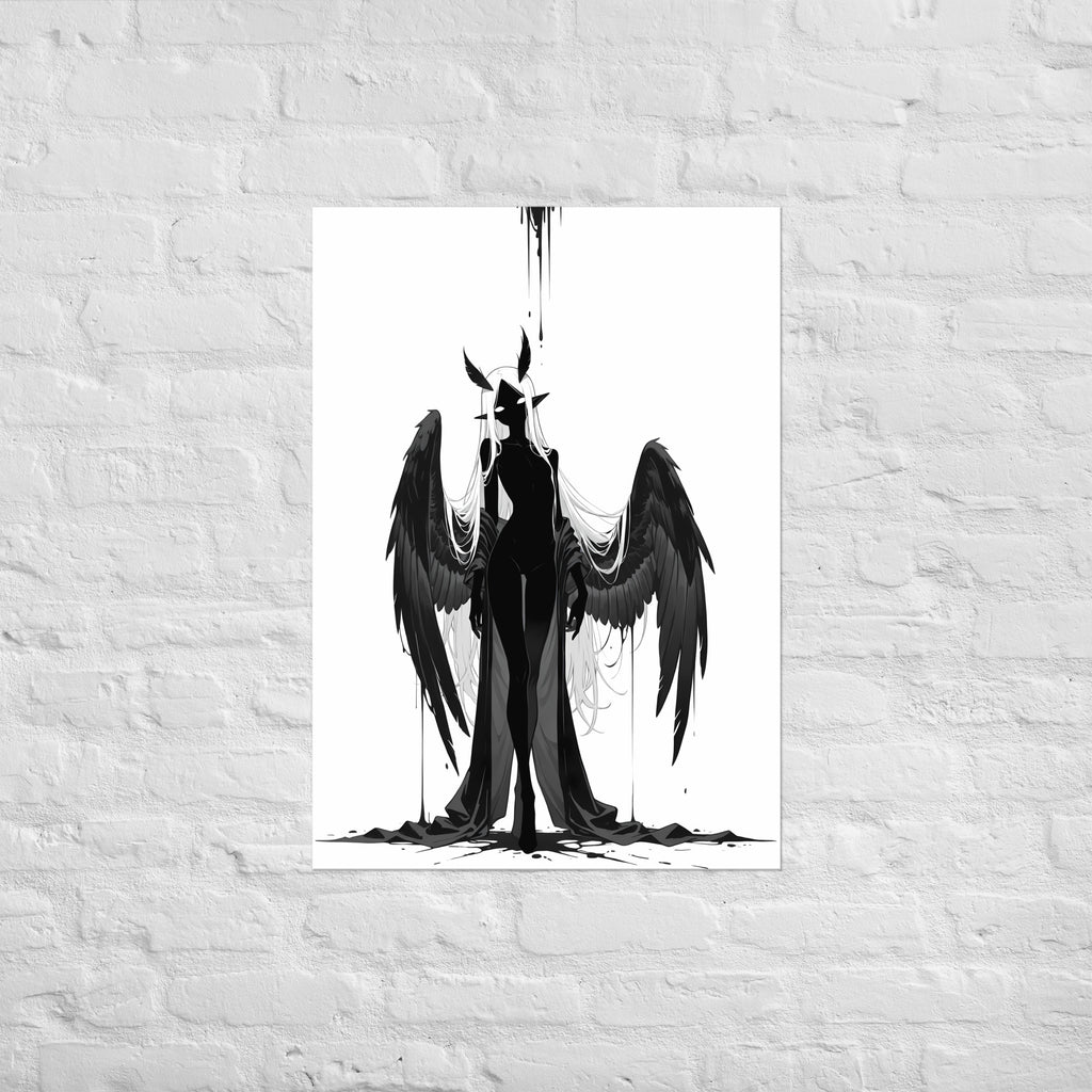 Affiche dark fantasy Nyctée, chouette anthropomorphe noir et blanc, ailes grandes ouvertes, yeux blancs fixes, collection Les silences qu'on porte – format A1