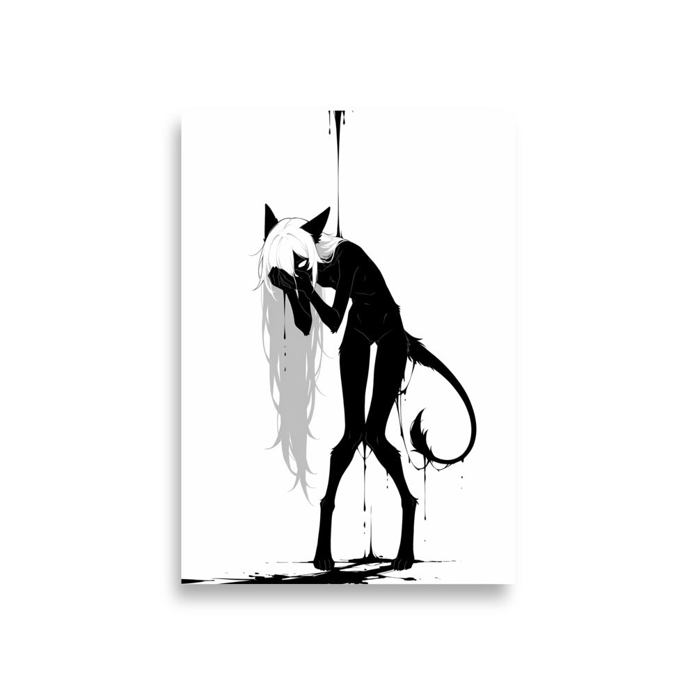 Affiche dark fantasy Écholane, louve anthropomorphe noir et blanc, mains jointes contre la bouche, queue enroulée, collection Les silences qu'on porte – format A1