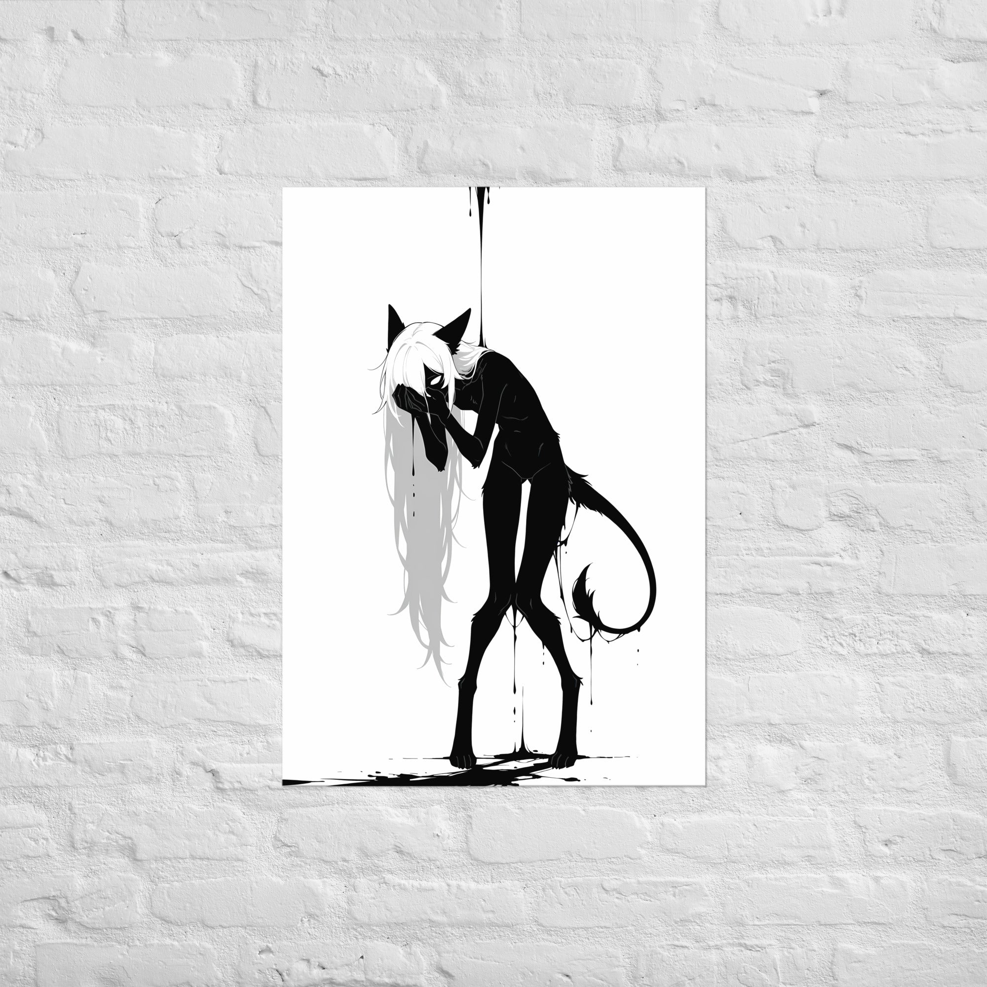 Affiche dark fantasy Écholane, louve anthropomorphe noir et blanc, mains jointes contre la bouche, queue enroulée, collection Les silences qu'on porte – format A1