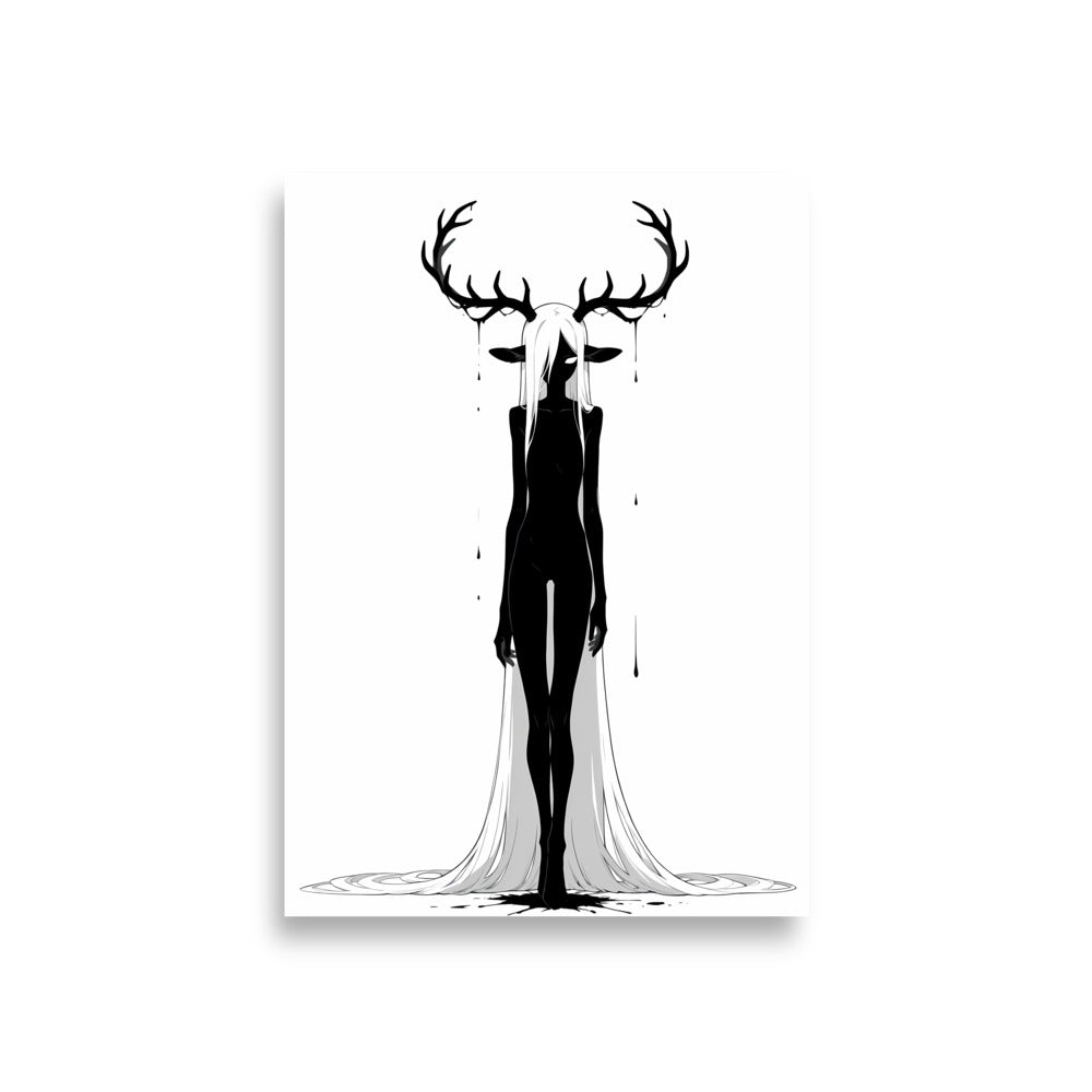 Affiche dark fantasy Doléa, biche anthropomorphe noir et blanc, grande ramure dégoulinante, pose immobile et frontale, collection Les silences qu'on porte – format A1