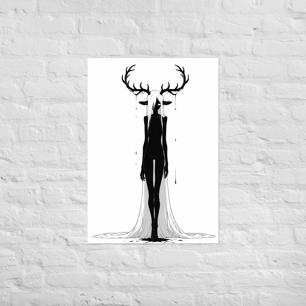 Affiche dark fantasy Doléa, biche anthropomorphe noir et blanc, grande ramure dégoulinante, pose immobile et frontale, collection Les silences qu'on porte – format A1