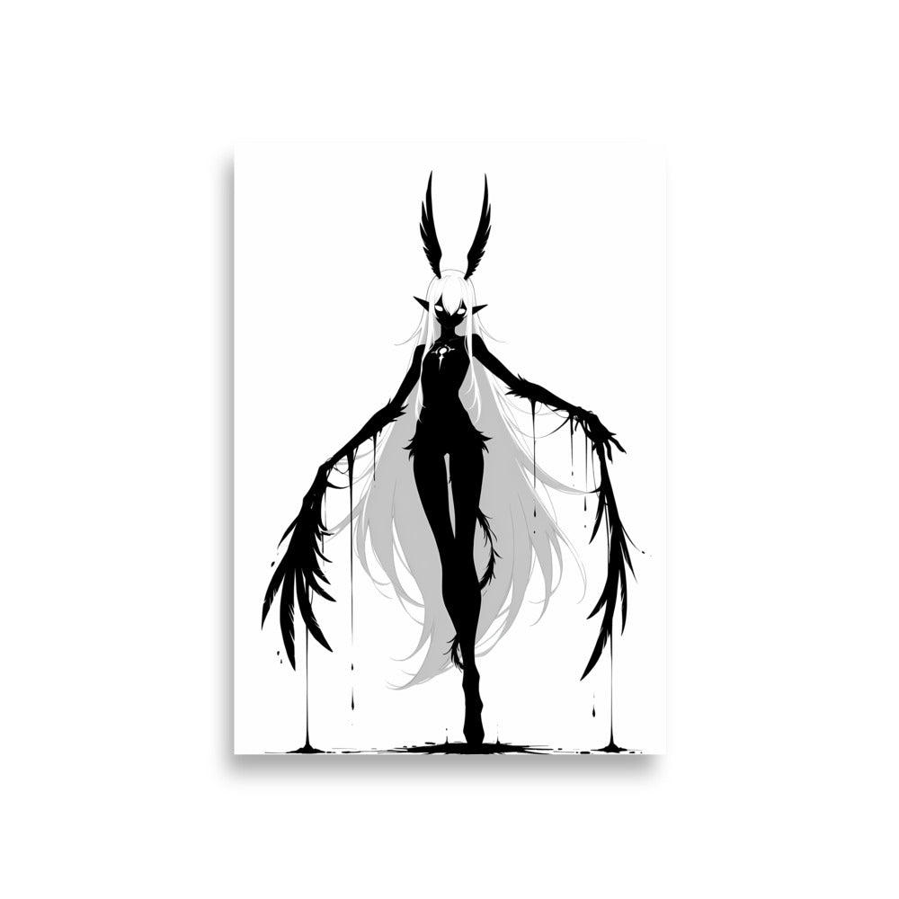 Affiche dark fantasy Tairie, corbeau anthropomorphe noir et blanc, bras grands ouverts en plumes dégoulinantes, collection Les silences qu'on porte – format A1