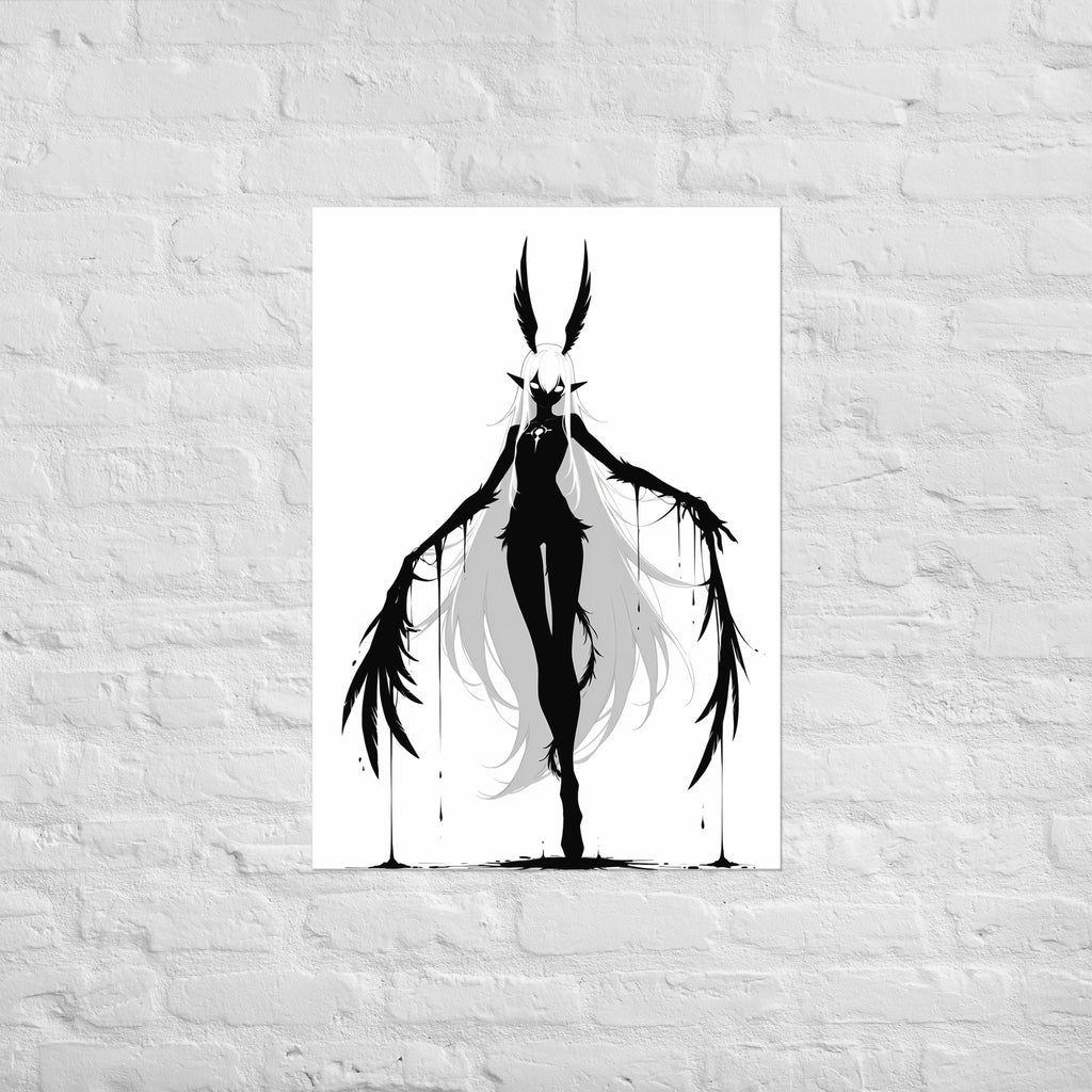 Affiche dark fantasy Tairie, corbeau anthropomorphe noir et blanc, bras grands ouverts en plumes dégoulinantes, collection Les silences qu'on porte – format A1