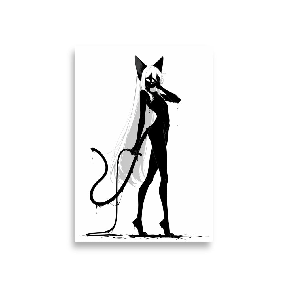 Affiche dark fantasy Closane, chatte anthropomorphe noir et blanc, main devant les yeux, lame tenue le long de la jambe, collection Les silences qu'on porte – format A1