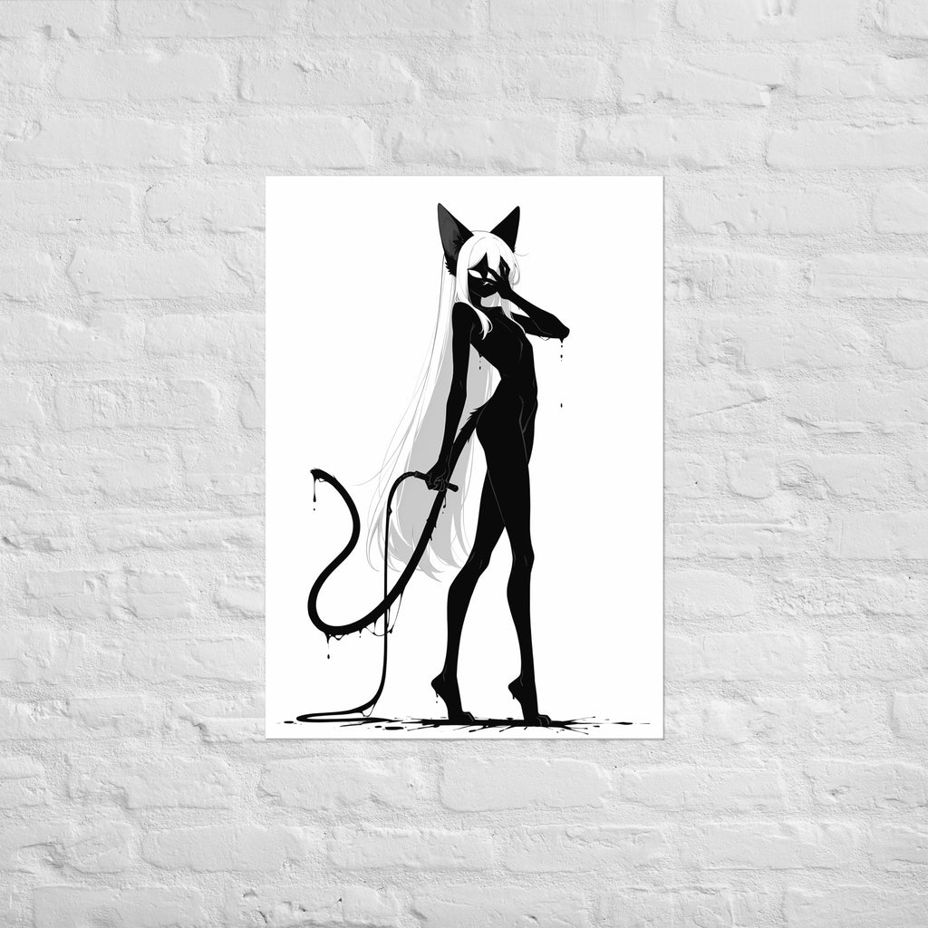 Affiche dark fantasy Closane, chatte anthropomorphe noir et blanc, main devant les yeux, lame tenue le long de la jambe, collection Les silences qu'on porte – format A1