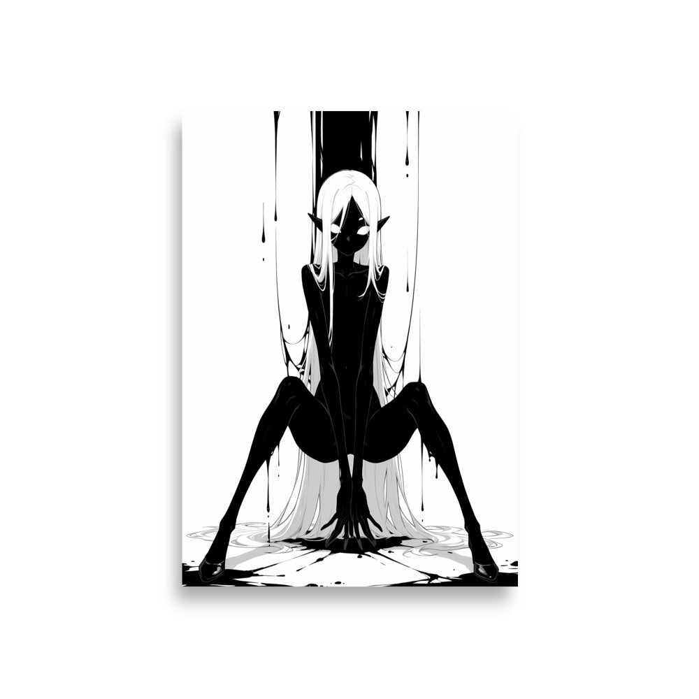Affiche dark fantasy Tramelle, araignée anthropomorphe noir et blanc, accroupie jambes écartées au centre d'une toile d'encre, collection Les silences qu'on porte – format A1