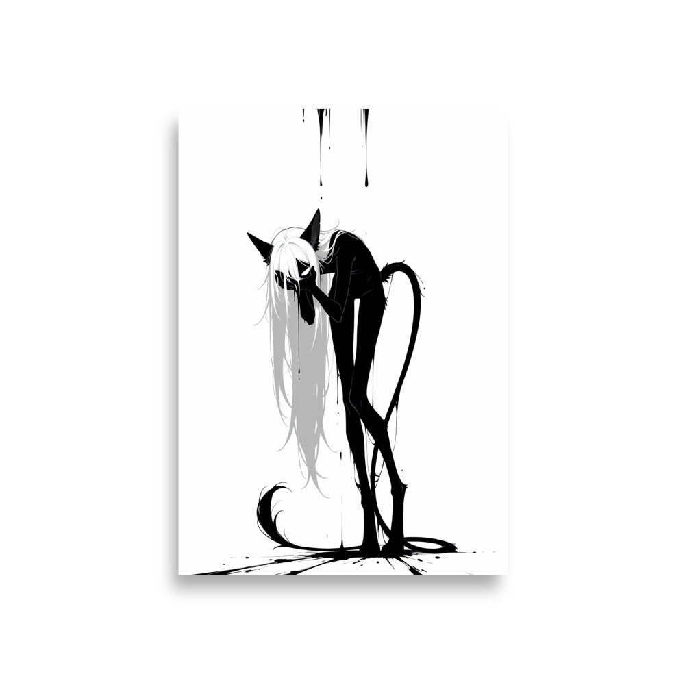 Affiche dark fantasy Écholane, louve anthropomorphe noir et blanc, main plaquée contre le visage, encre ruisselante, collection Les silences qu'on porte – format A1