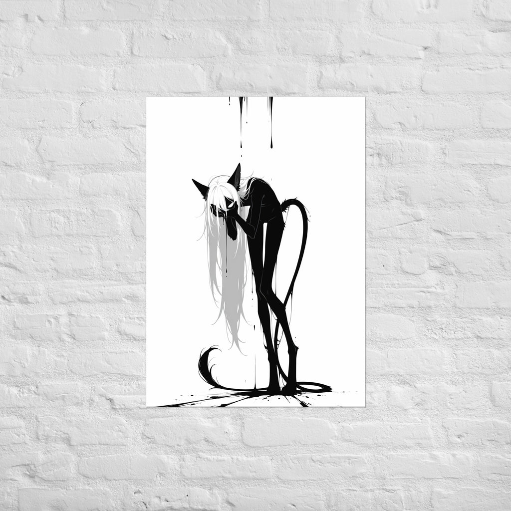 Affiche dark fantasy Écholane, louve anthropomorphe noir et blanc, main plaquée contre le visage, encre ruisselante, collection Les silences qu'on porte – format A1