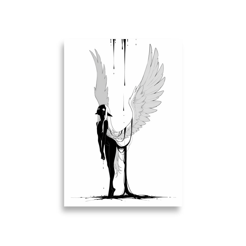 Affiche dark fantasy Adieva, cygne anthropomorphe noir et blanc, ailes grandes ouvertes, encre ruisselante, collection Les silences qu'on porte – format A1