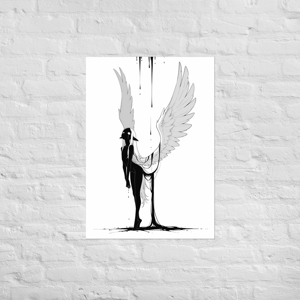 Affiche dark fantasy Adieva, cygne anthropomorphe noir et blanc, ailes grandes ouvertes, encre ruisselante, collection Les silences qu'on porte – format A1