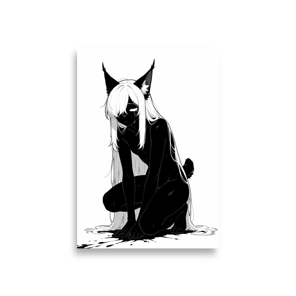 Affiche dark fantasy Lucidia, lynx anthropomorphe noir et blanc, accroupie, larme sur le masque, encre au sol, collection Les silences qu'on porte – format A1