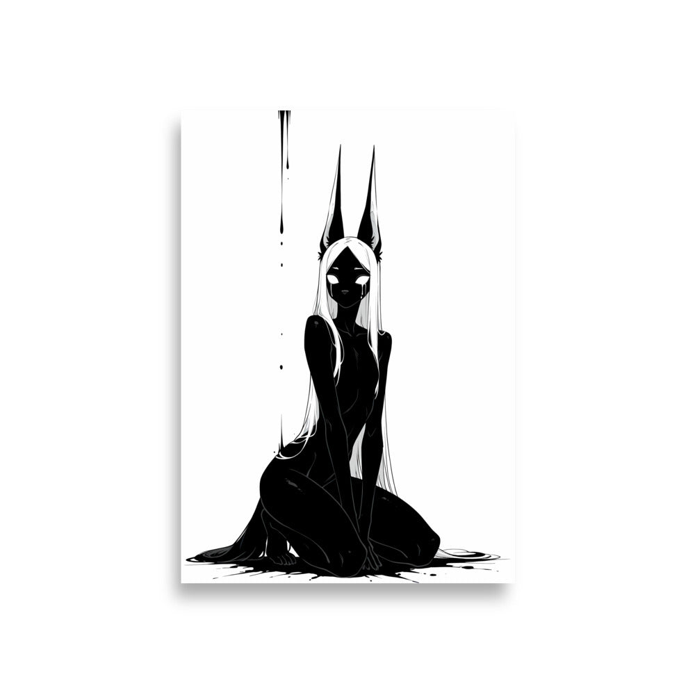 Affiche dark fantasy Limène, chacal anthropomorphe noir et blanc, assise, oreilles dressées, larme sur le masque, collection Les silences qu'on porte – format A1