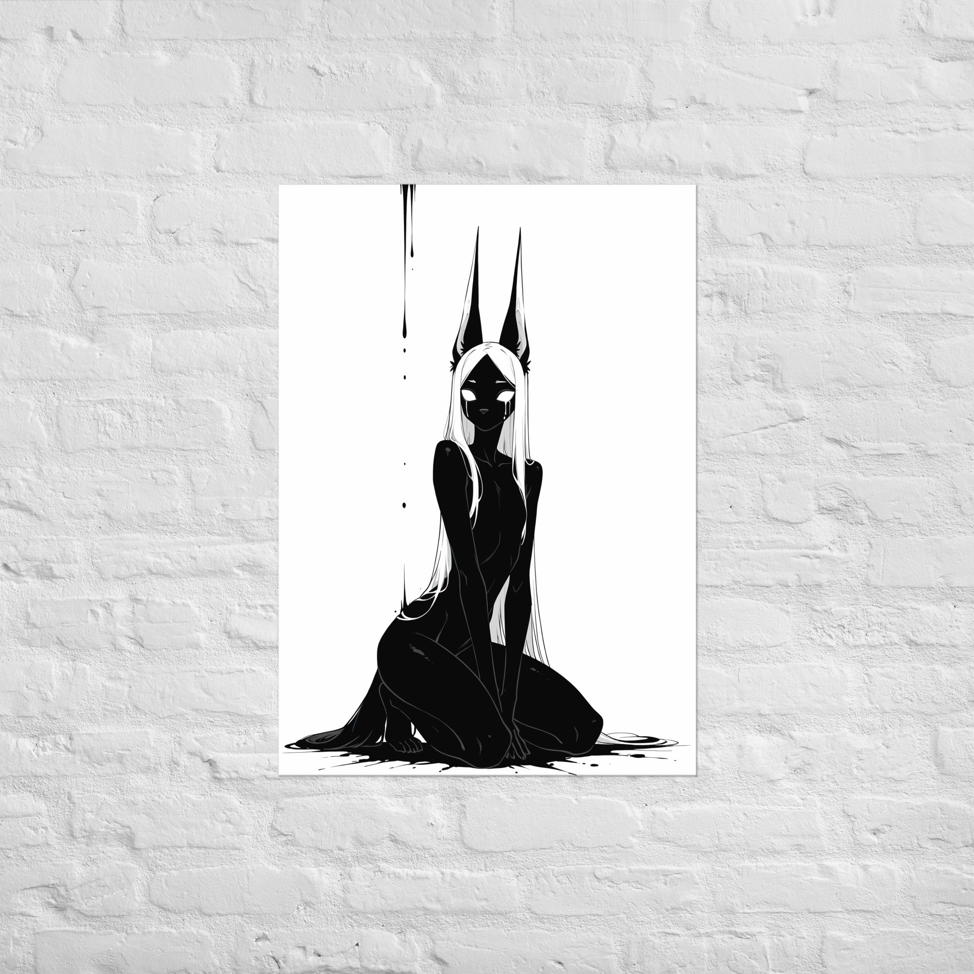 Affiche dark fantasy Limène, chacal anthropomorphe noir et blanc, assise, oreilles dressées, larme sur le masque, collection Les silences qu'on porte – format A1