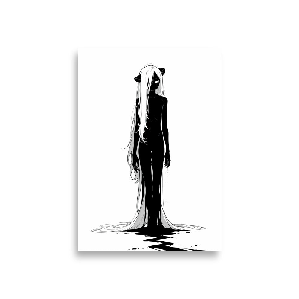 Affiche dark fantasy Ternelle, lionne anthropomorphe noir et blanc, debout, chevelure en traîne, sillage d'encre au sol, collection Les silences qu'on porte – format A1