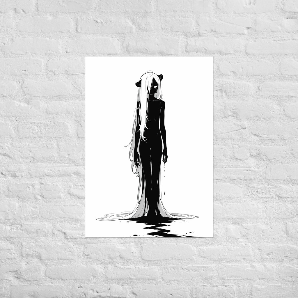 Affiche dark fantasy Ternelle, lionne anthropomorphe noir et blanc, debout, chevelure en traîne, sillage d'encre au sol, collection Les silences qu'on porte – format A1