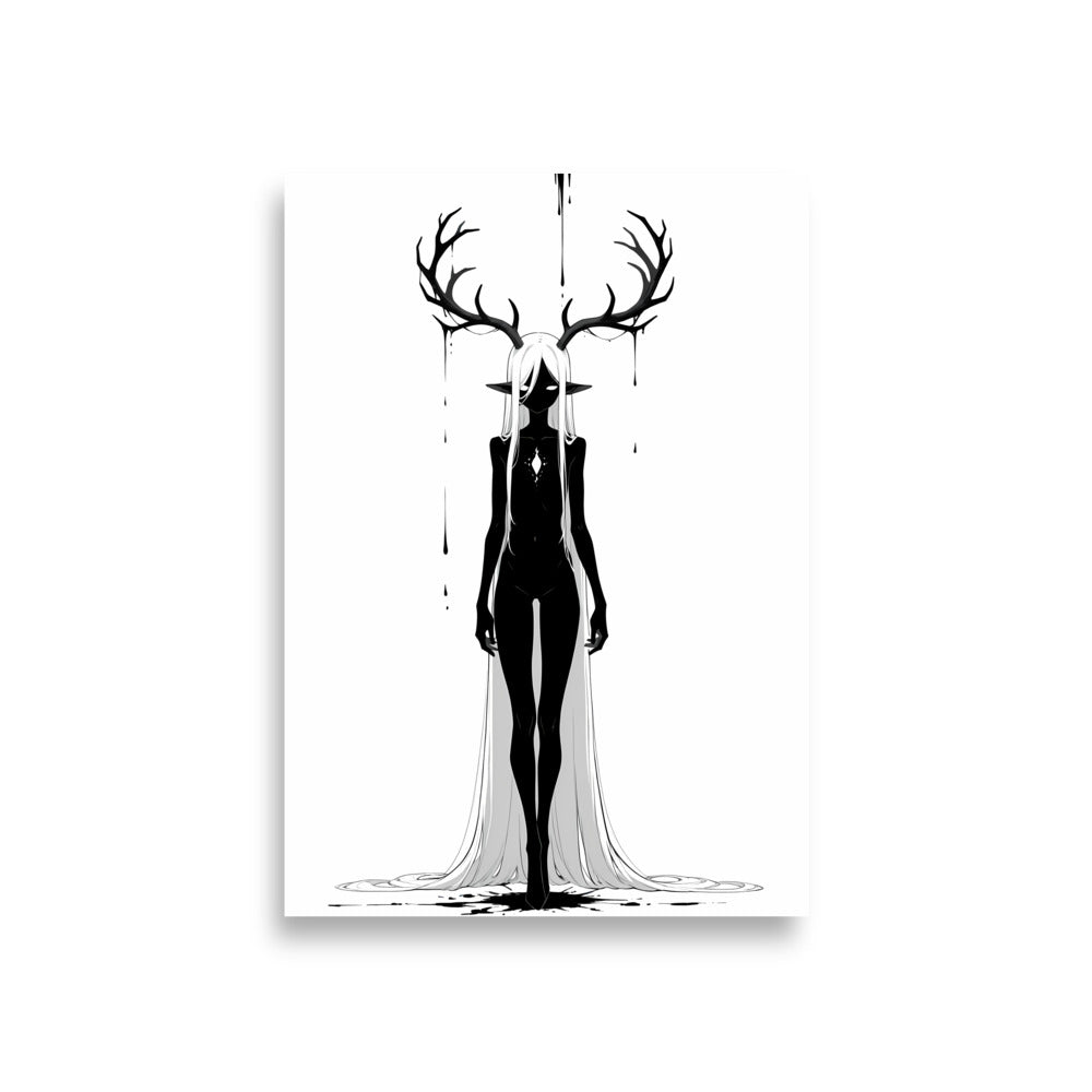 Affiche dark fantasy Doléa, biche anthropomorphe noir et blanc, bois ruisselants d'encre, étoile pâle sur la poitrine, collection Les silences qu'on porte – format A1