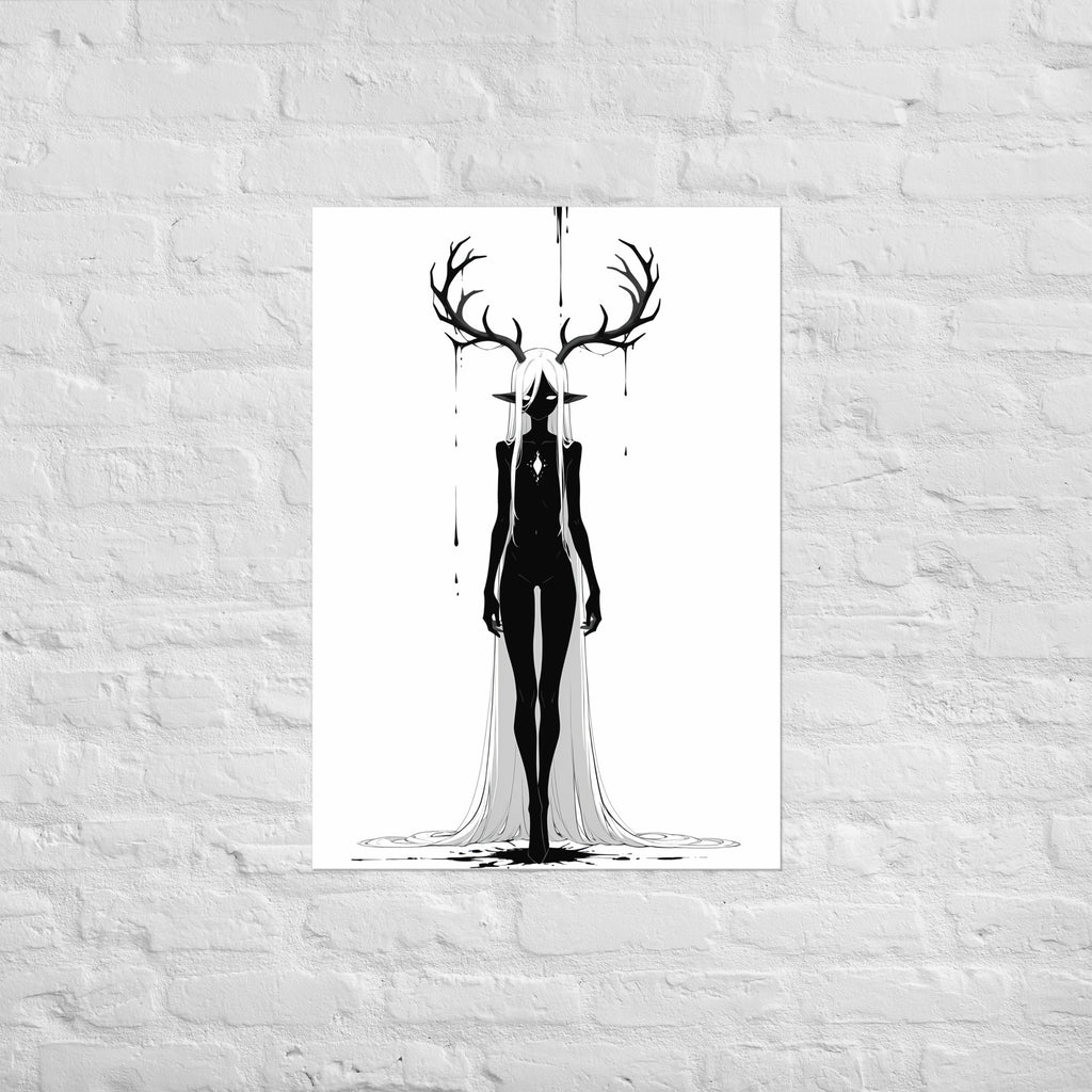 Affiche dark fantasy Doléa, biche anthropomorphe noir et blanc, bois ruisselants d'encre, étoile pâle sur la poitrine, collection Les silences qu'on porte – format A1