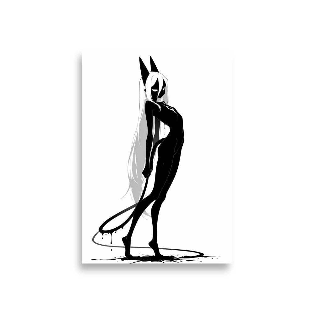 Affiche dark fantasy Closane, chat anthropomorphe noir et blanc, s'éloignant, fouet traînant au sol, collection Les silences qu'on porte – format A1