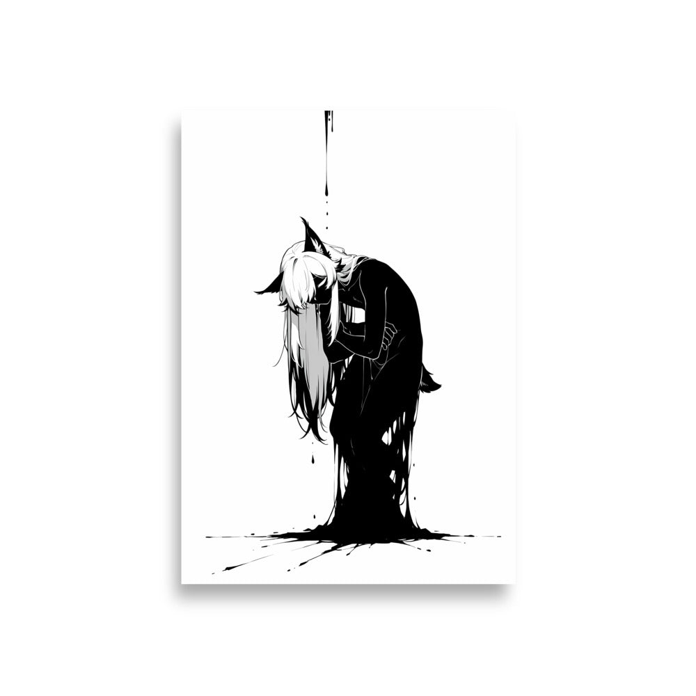 Affiche dark fantasy Lucidia, lynx anthropomorphe noir et blanc, repliée sur elle-même, corps se dissolvant en encre, collection Les silences qu'on porte – format A1