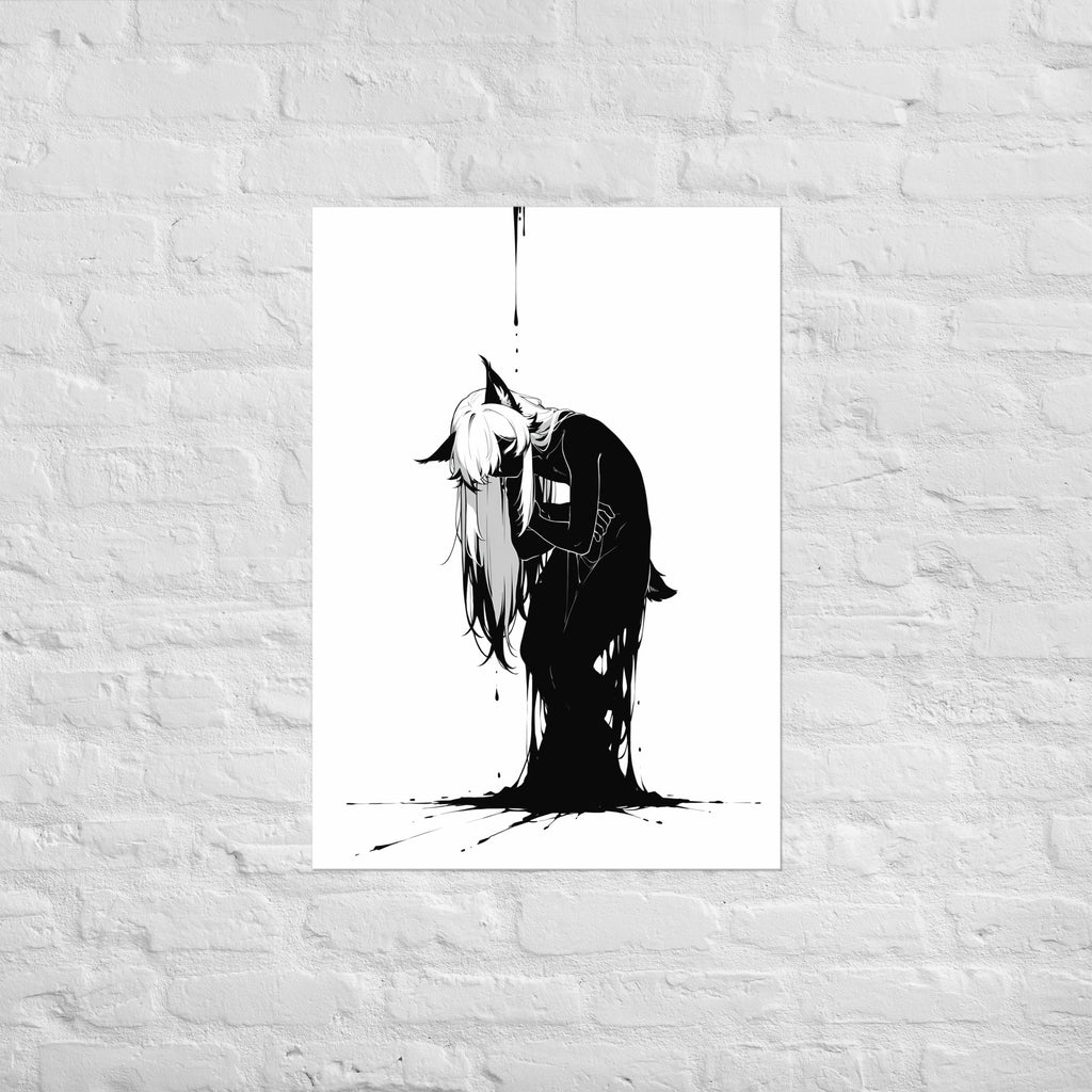 Affiche dark fantasy Lucidia, lynx anthropomorphe noir et blanc, repliée sur elle-même, corps se dissolvant en encre, collection Les silences qu'on porte – format A1