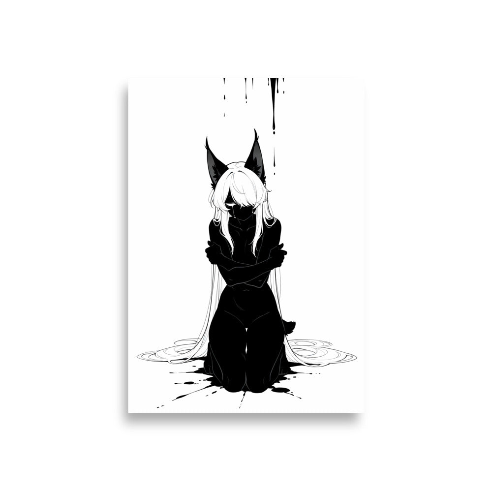 Affiche dark fantasy Lucidia, lynx anthropomorphe noir et blanc, agenouillée, bras croisés, encre en cercles au sol, collection Les silences qu'on porte – format A1
