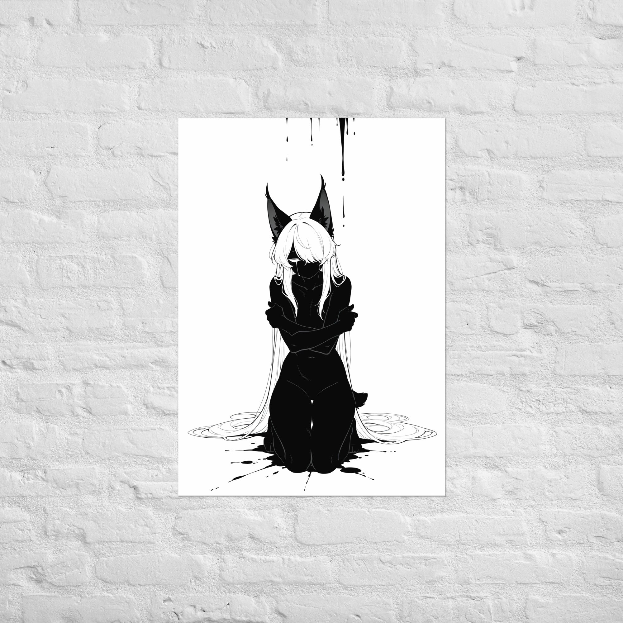 Affiche dark fantasy Lucidia, lynx anthropomorphe noir et blanc, agenouillée, bras croisés, encre en cercles au sol, collection Les silences qu'on porte – format A1