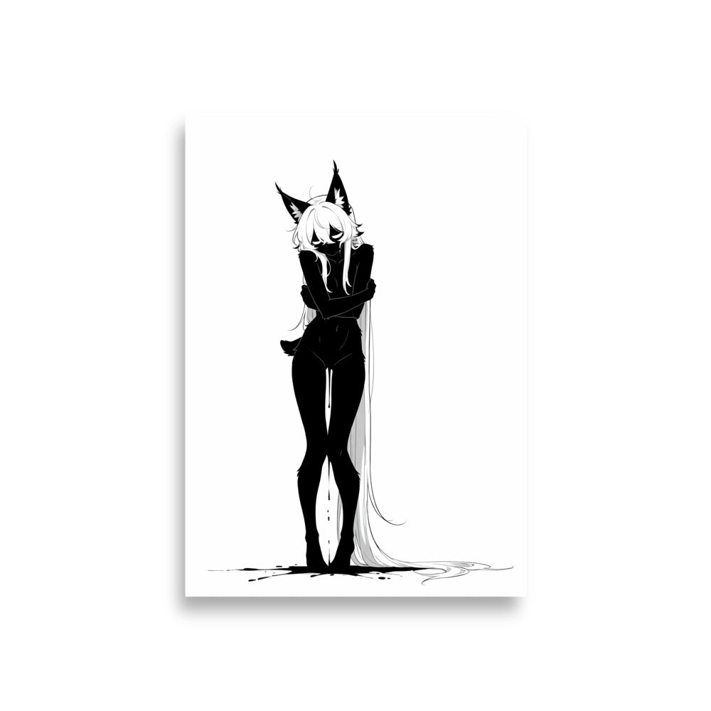 Affiche dark fantasy Lucidia, lynx anthropomorphe noir et blanc, debout, bras croisés, fil d'encre au sol, collection Les silences qu'on porte – format A1