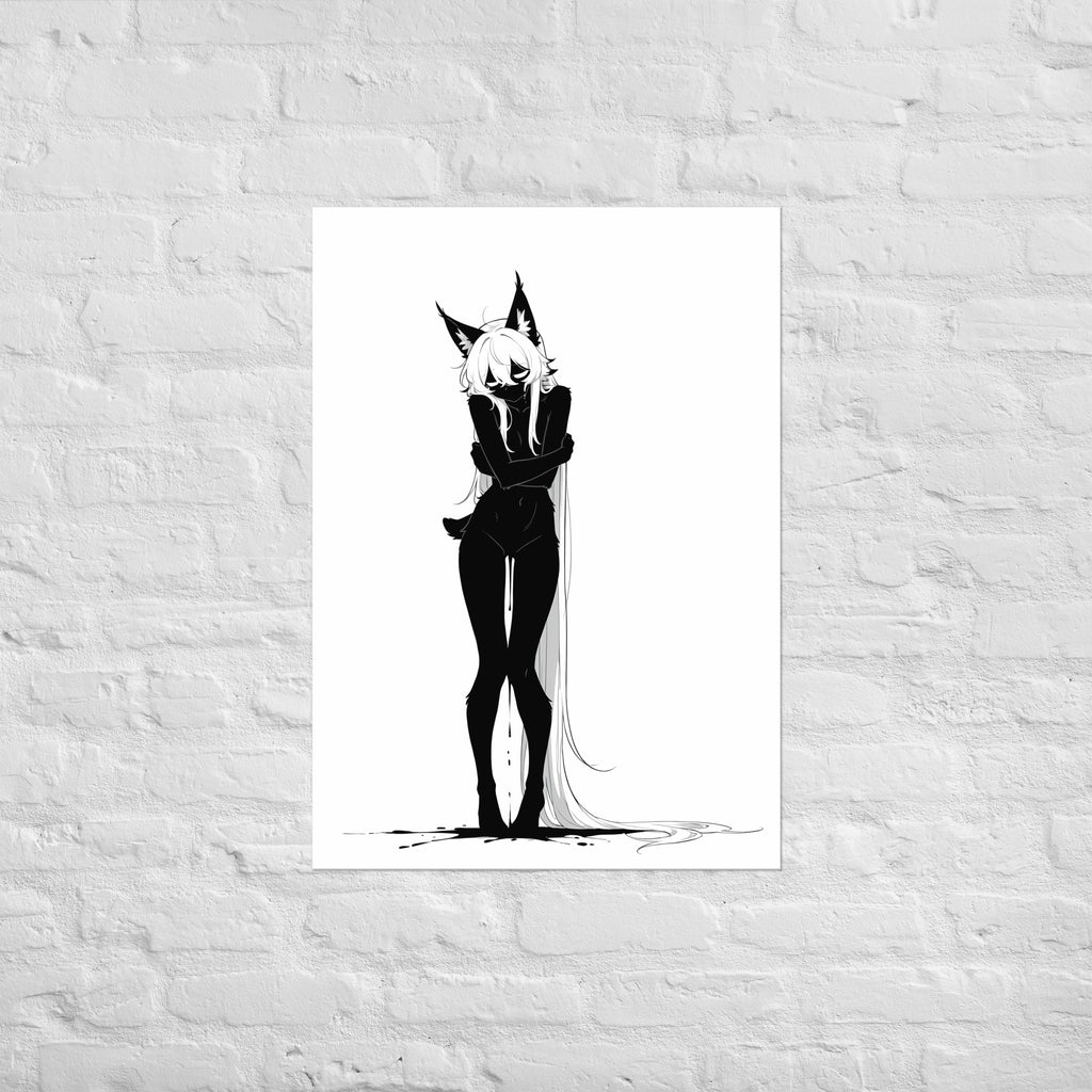 Affiche dark fantasy Lucidia, lynx anthropomorphe noir et blanc, debout, bras croisés, fil d'encre au sol, collection Les silences qu'on porte – format A1