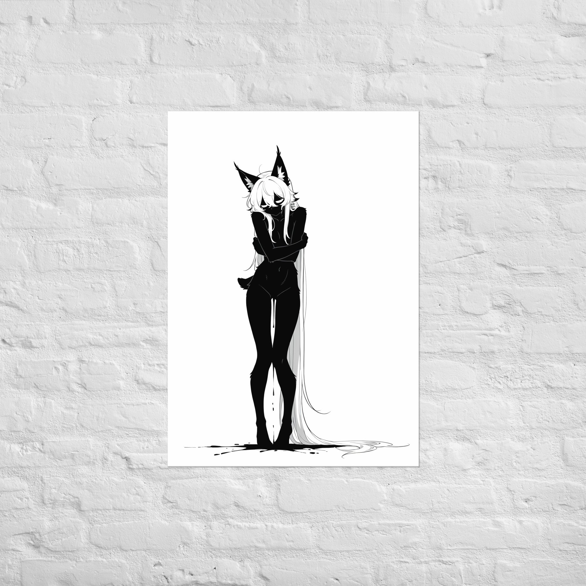 Affiche dark fantasy Lucidia, lynx anthropomorphe noir et blanc, debout, bras croisés, fil d'encre au sol, collection Les silences qu'on porte – format A1