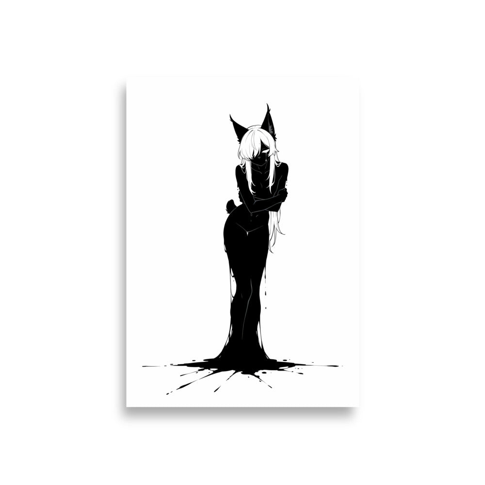 Affiche dark fantasy Lucidia, lynx anthropomorphe noir et blanc, penchée, bras croisés, encre éclaboussée au sol, collection Les silences qu'on porte – format A1