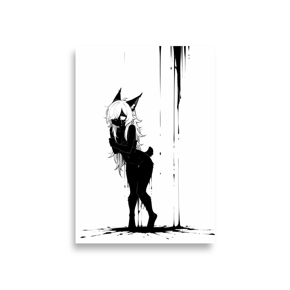 Affiche dark fantasy Lucidia, lynx anthropomorphe noir et blanc, debout bras croisés sous une pluie d'encre – format A1