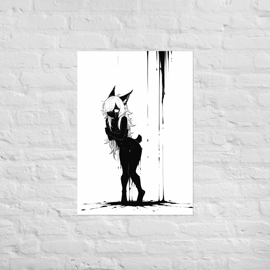 Affiche dark fantasy Lucidia, lynx anthropomorphe noir et blanc, debout bras croisés sous une pluie d'encre – format A1