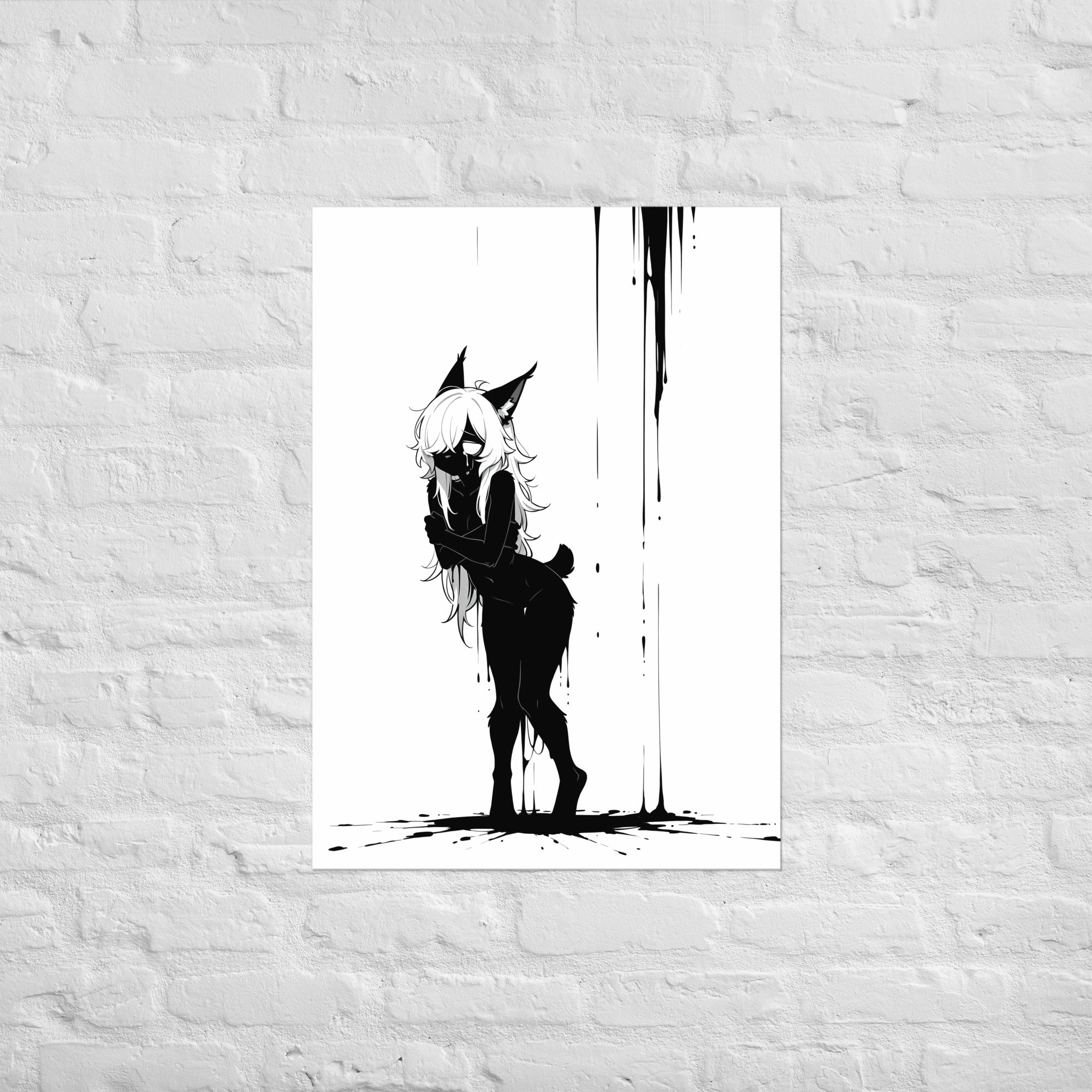 Affiche dark fantasy Lucidia, lynx anthropomorphe noir et blanc, debout bras croisés sous une pluie d'encre – format A1