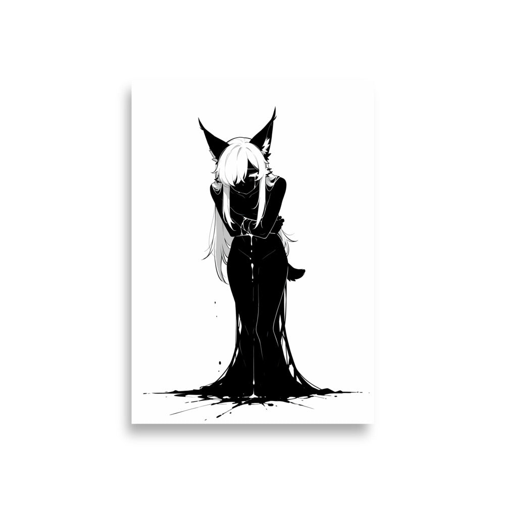 Affiche dark fantasy Lucidia, lynx anthropomorphe noir et blanc, tête baissée bras croisés au-dessus d'une flaque d'encre – format A1