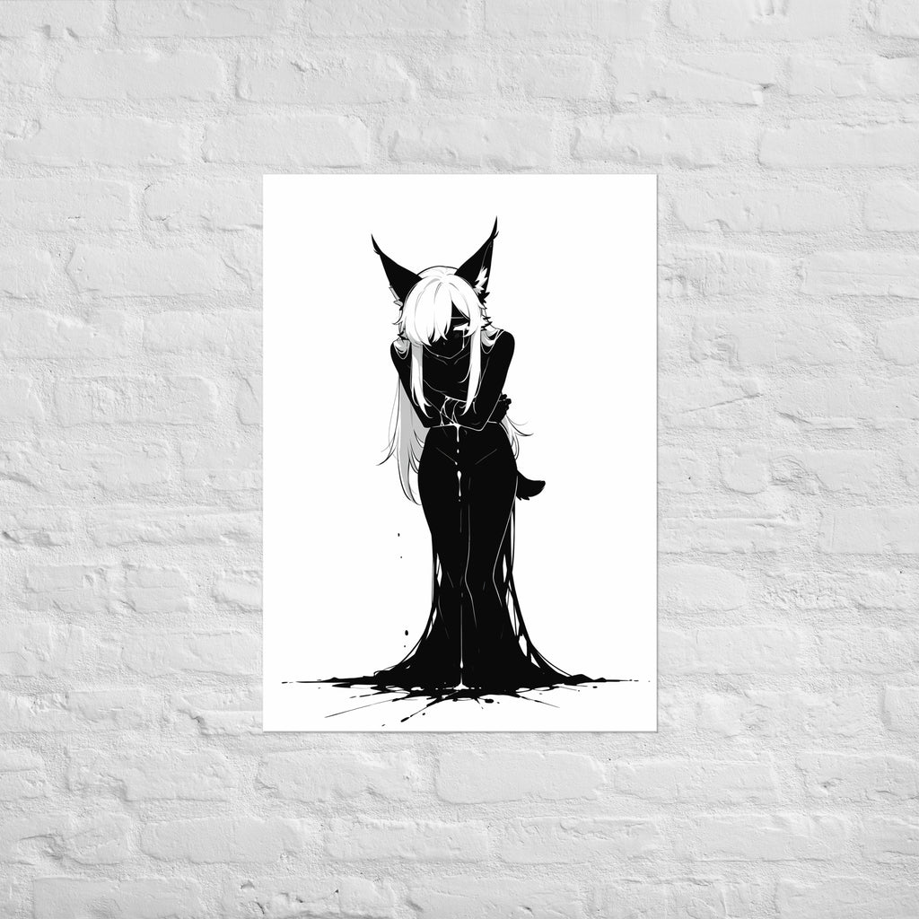 Affiche dark fantasy Lucidia, lynx anthropomorphe noir et blanc, tête baissée bras croisés au-dessus d'une flaque d'encre – format A1
