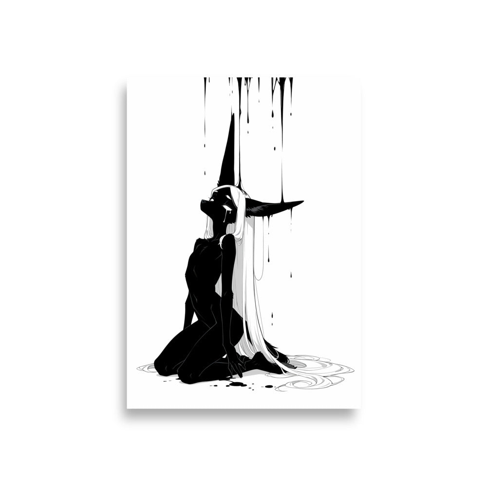 Affiche dark fantasy Limène, chacal anthropomorphe noir et blanc, agenouillée tête renversée sous une pluie d'encre – format A1