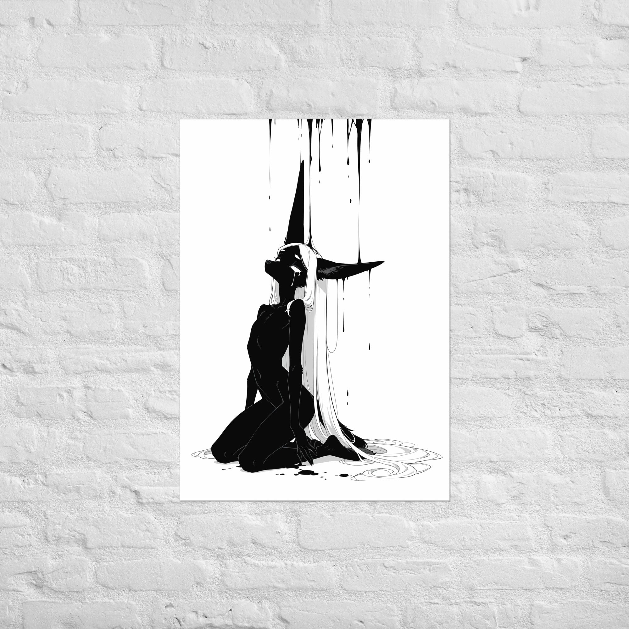 Affiche dark fantasy Limène, chacal anthropomorphe noir et blanc, agenouillée tête renversée sous une pluie d'encre – format A1