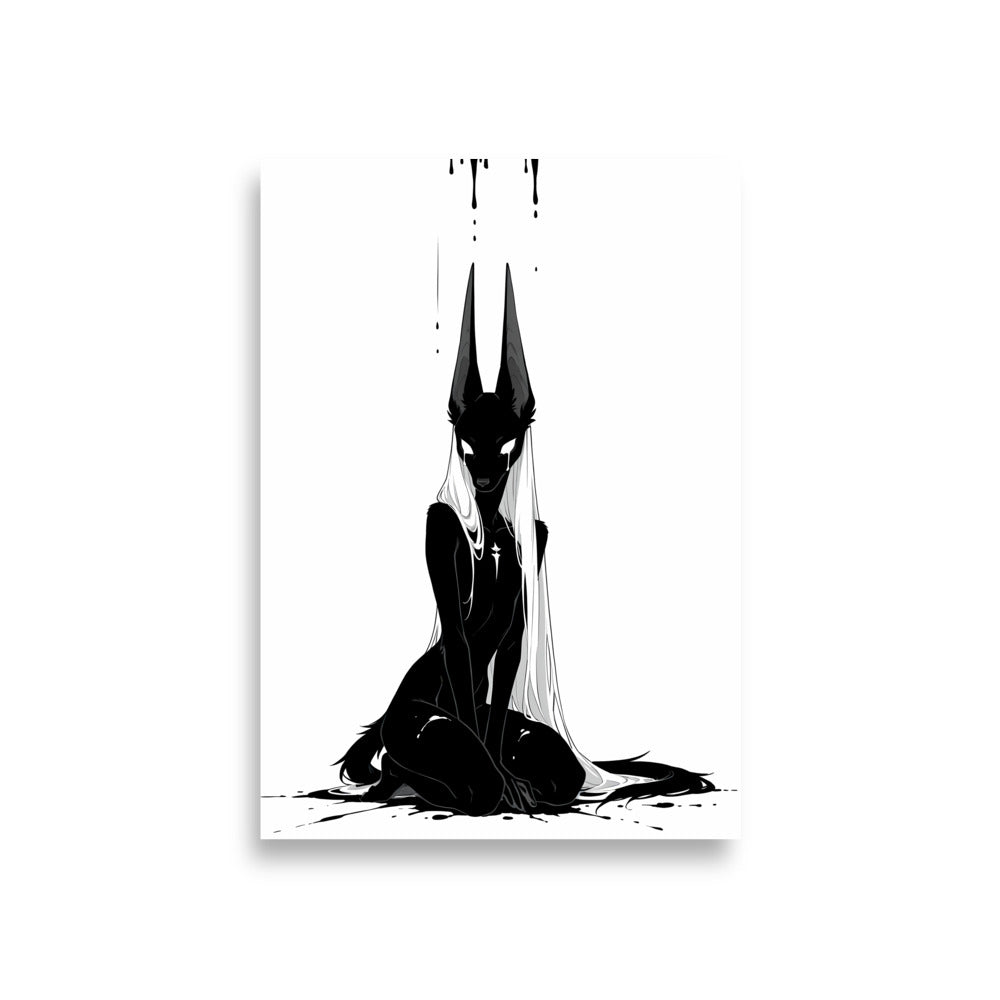 Affiche dark fantasy Limène, chacal anthropomorphe noir et blanc, visage découvert avec une étoile sur la poitrine – format A1
