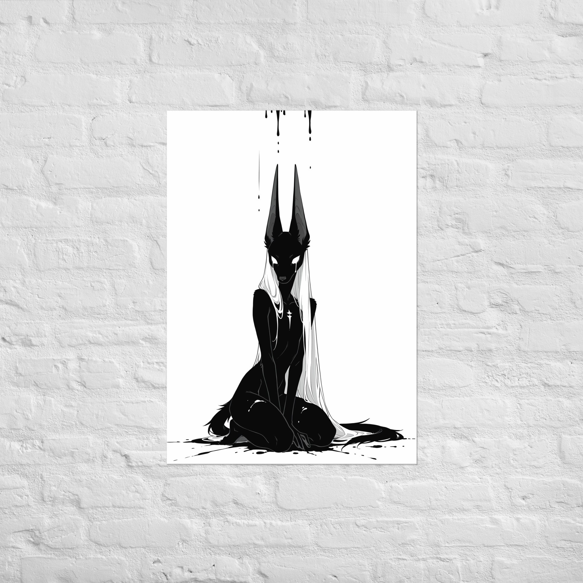 Affiche dark fantasy Limène, chacal anthropomorphe noir et blanc, visage découvert avec une étoile sur la poitrine – format A1