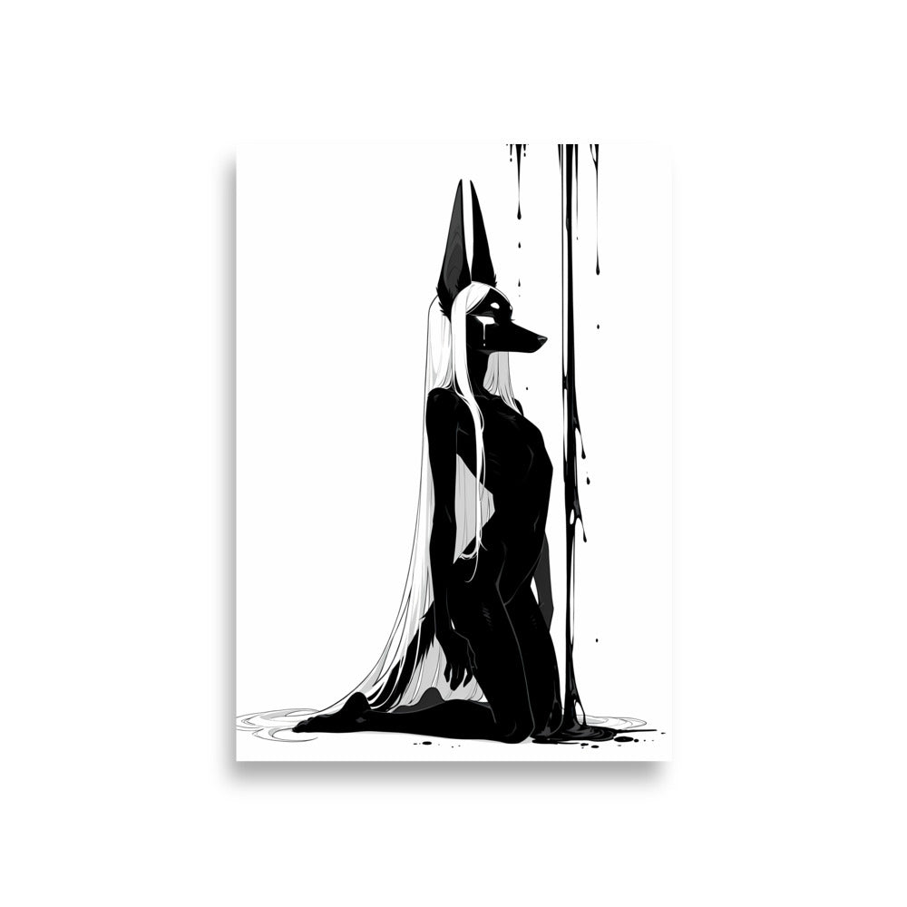 Affiche dark fantasy Limène, chacal anthropomorphe noir et blanc de profil, main tendue vers un rideau d'encre – format A1