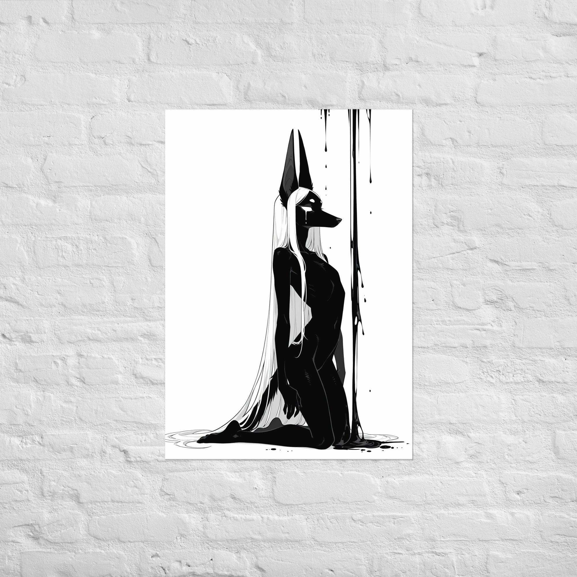 Affiche dark fantasy Limène, chacal anthropomorphe noir et blanc de profil, main tendue vers un rideau d'encre – format A1