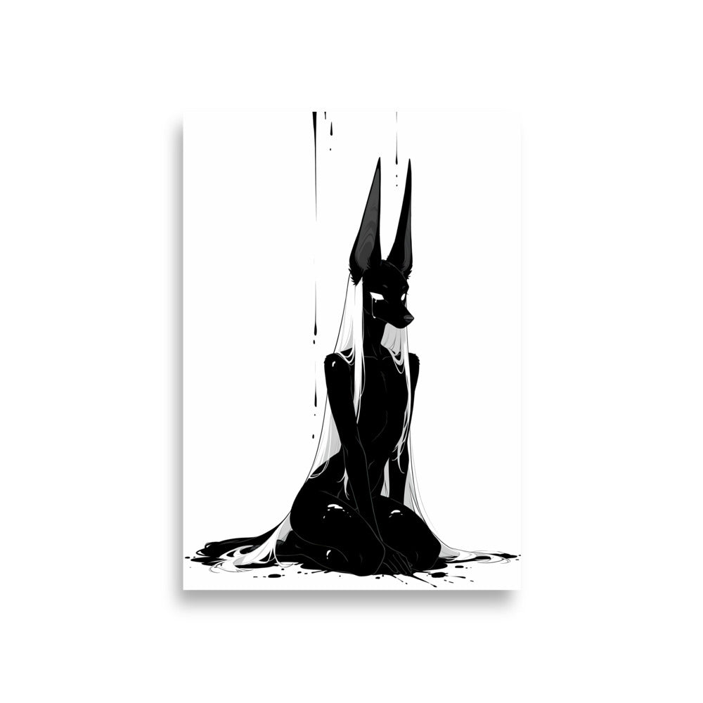 Affiche dark fantasy Limène, chacal anthropomorphe noir et blanc, assise genoux repliés et tête de profil – format A1