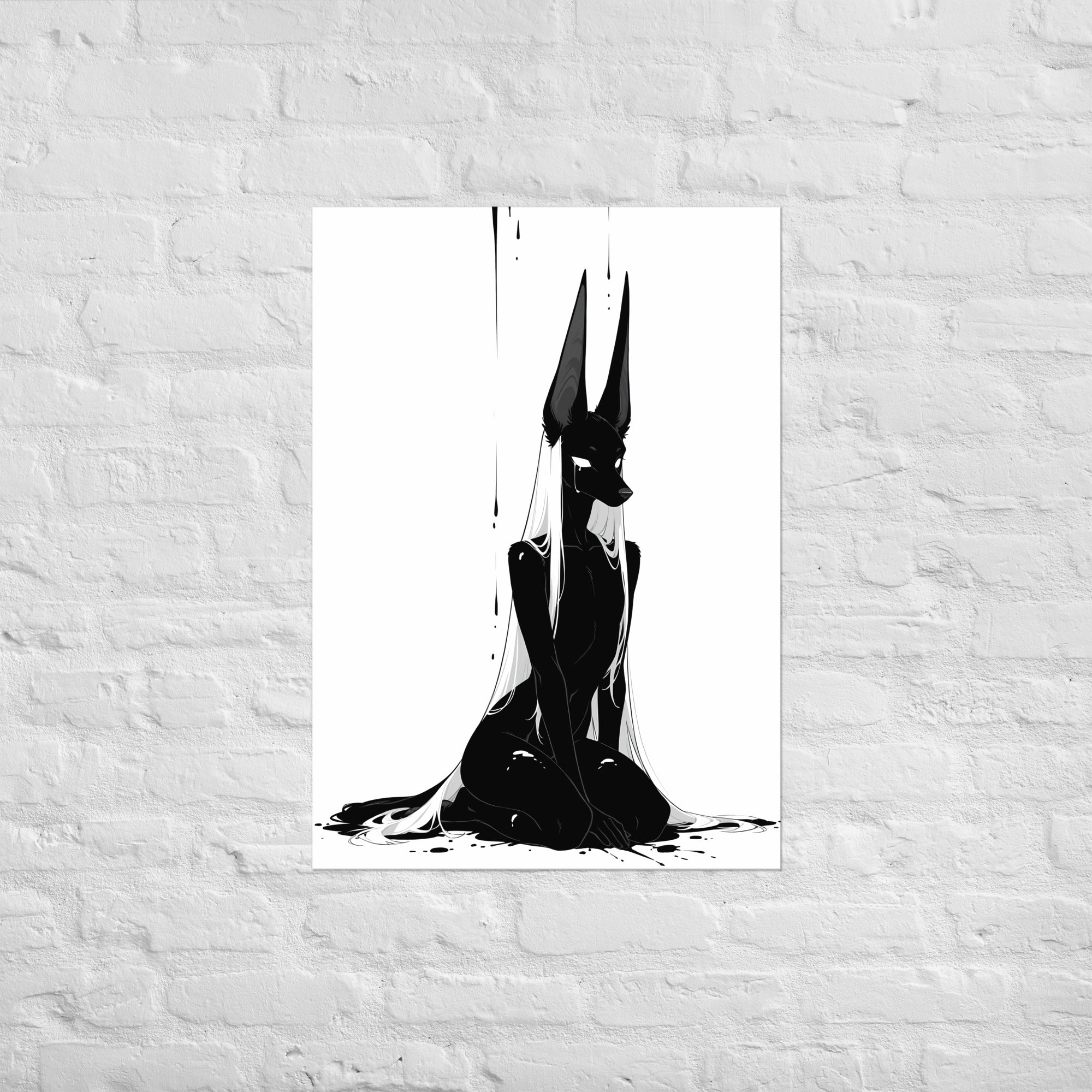Affiche dark fantasy Limène, chacal anthropomorphe noir et blanc, assise genoux repliés et tête de profil – format A1