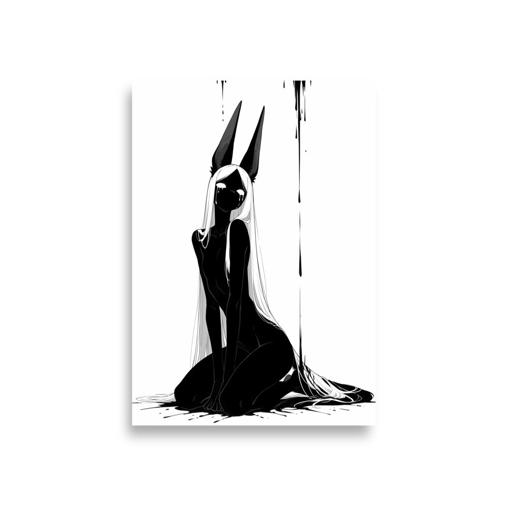 Affiche dark fantasy Limène, chacal anthropomorphe noir et blanc, assise avec deux larmes sur le masque – format A1