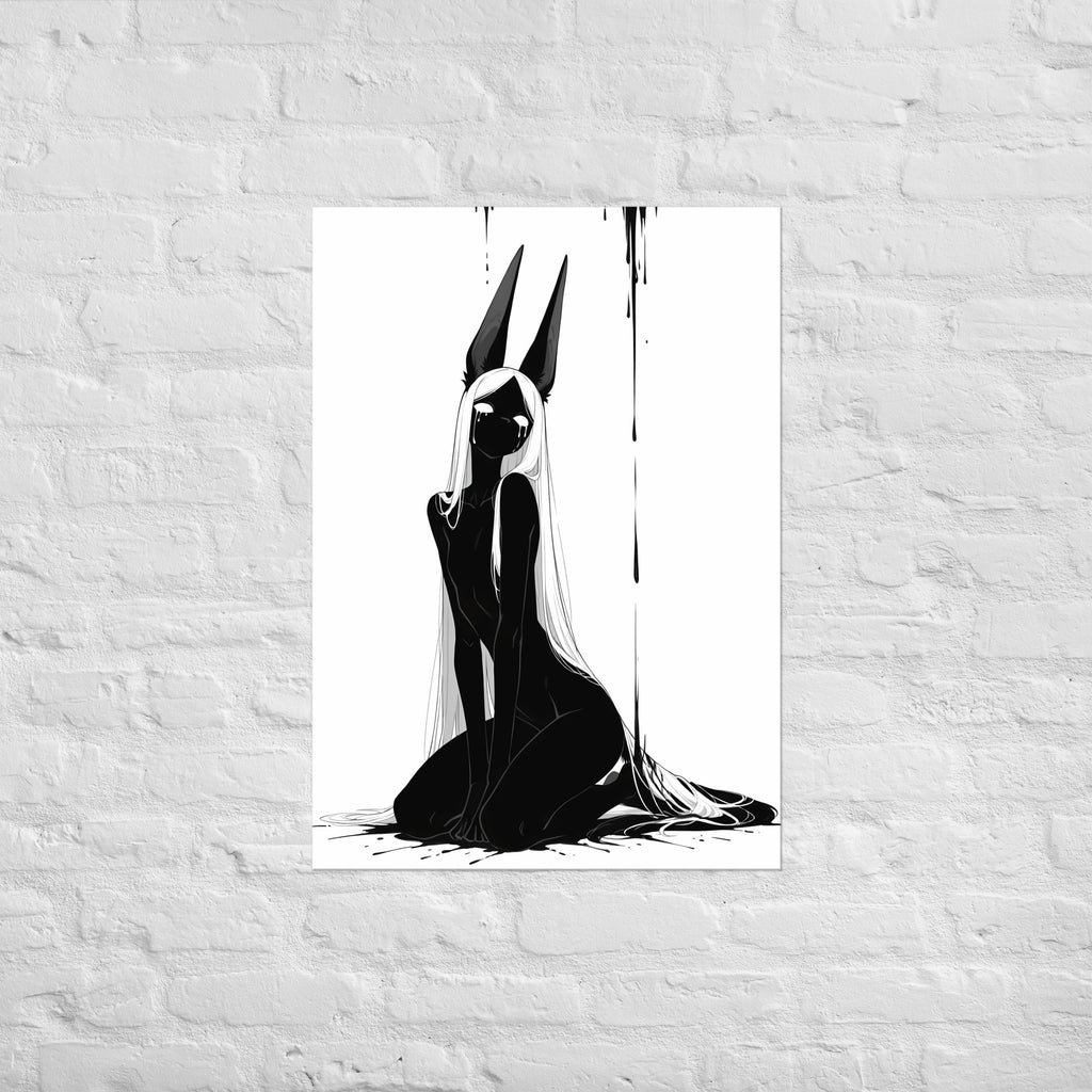 Affiche dark fantasy Limène, chacal anthropomorphe noir et blanc, assise avec deux larmes sur le masque – format A1