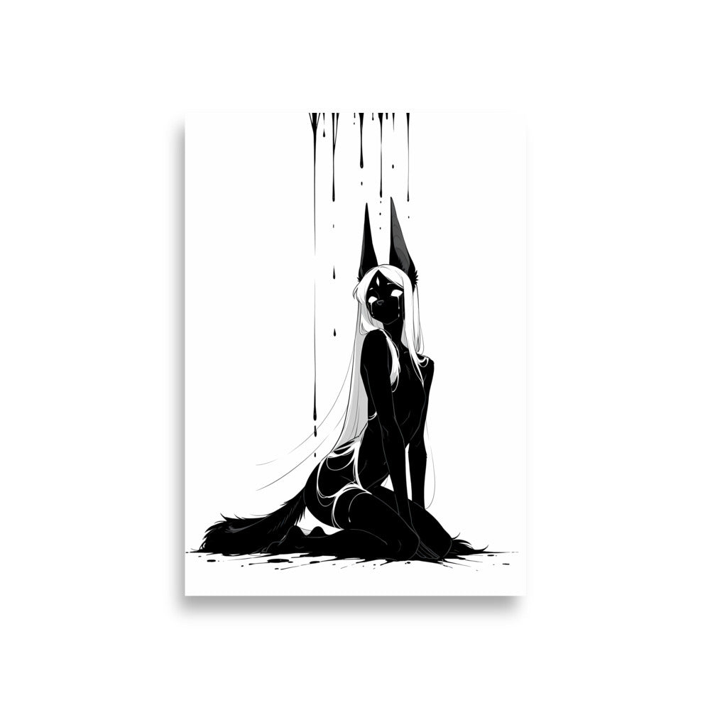Affiche dark fantasy Limène, chacal anthropomorphe noir et blanc, agenouillée regard par-dessus l'épaule – format A1