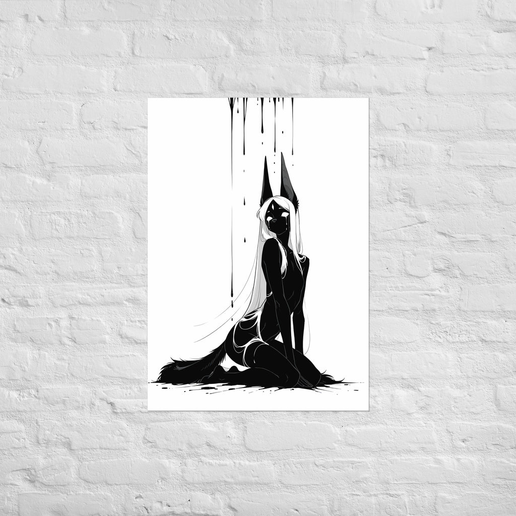 Affiche dark fantasy Limène, chacal anthropomorphe noir et blanc, agenouillée regard par-dessus l'épaule – format A1