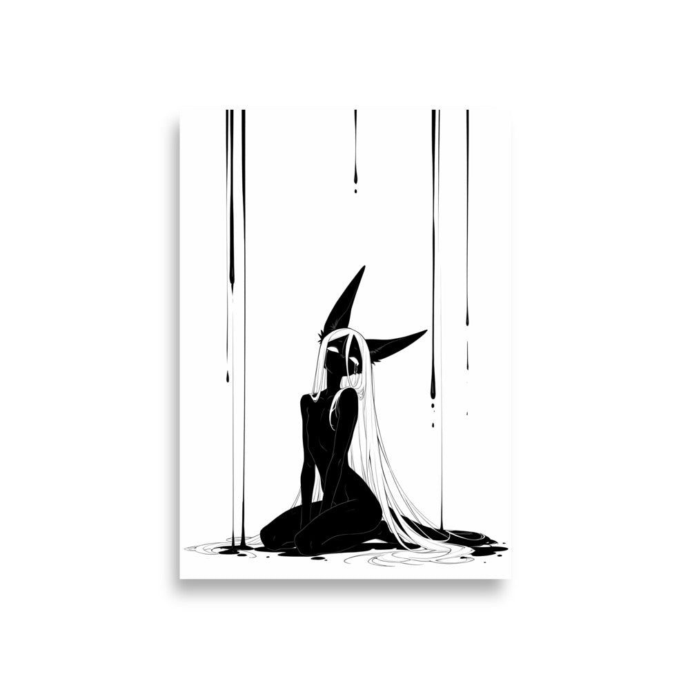 Affiche dark fantasy Limène, chacal anthropomorphe noir et blanc, agenouillée de dos sous des rideaux d'encre – format A1